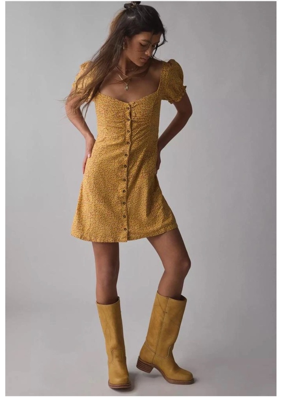 Urban Outfitters Kimchi Blue Yellow Floral Puff-Sleeve Button Mini Dress